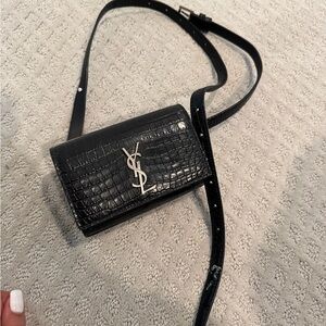 Saint Laurent Black Croc-Embossed Leather Belt Bag
